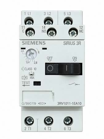 Siemens SIRIUS 3RV1011-1EA10 motor protection circuit breaker with 2.8–4 A range and auxiliary switch used