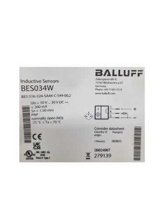 Additional image Packaging label of Balluff BES034W BES 516-324-SA44-C-S49-00,2 with technical data