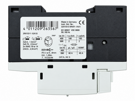 Additional image Siemens SIRIUS 3RV1011-1EA10 motor protection circuit breaker – nameplate with EAN and technical data